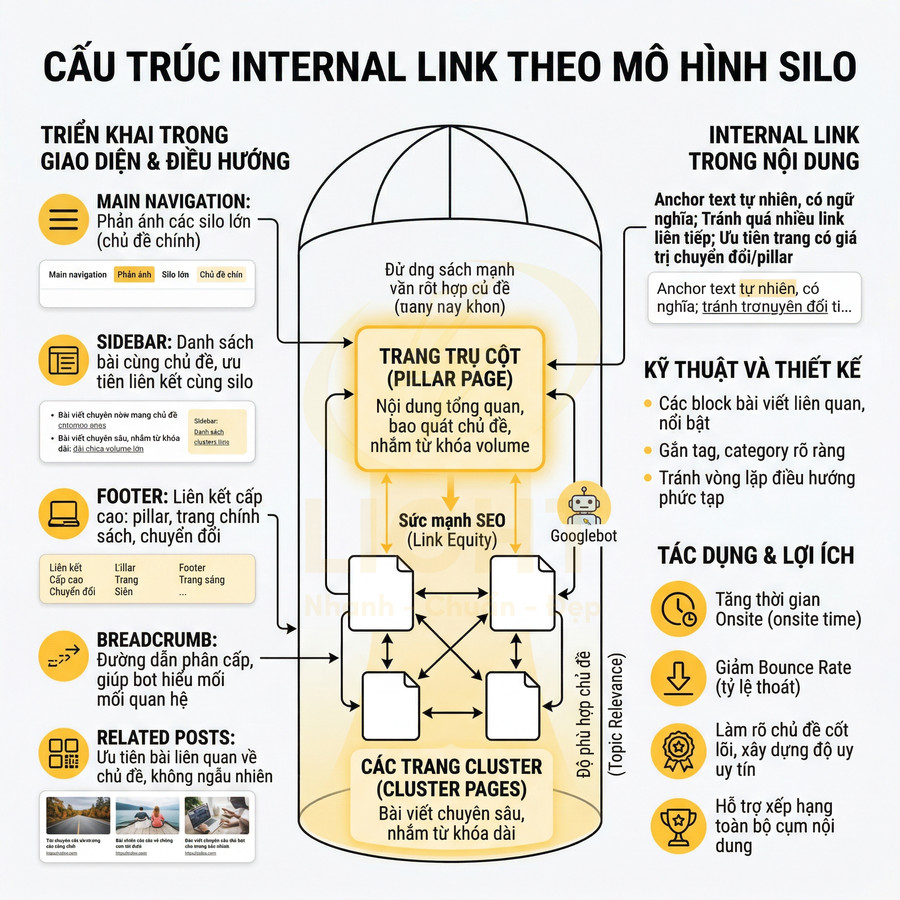 Cấu trúc internal link theo mô hình silo với sơ đồ liên kết nội bộ và giao diện website minh họa