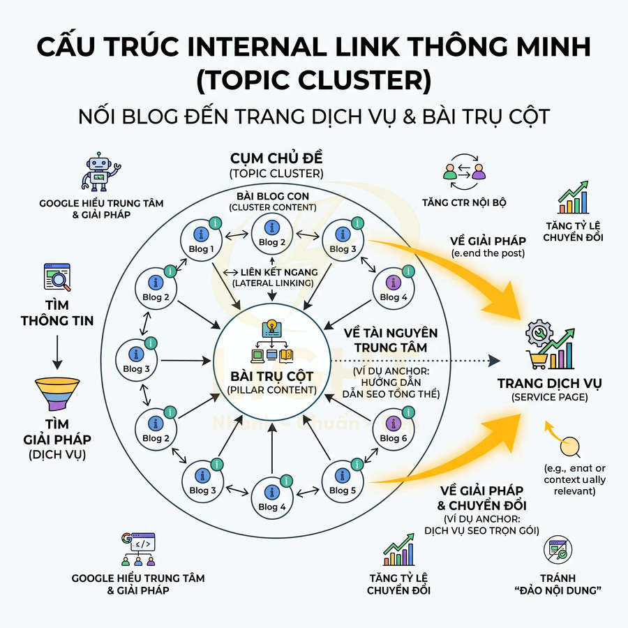 Sơ đồ cấu trúc internal link topic cluster nối bài trụ cột, blog con và trang dịch vụ trong SEO
