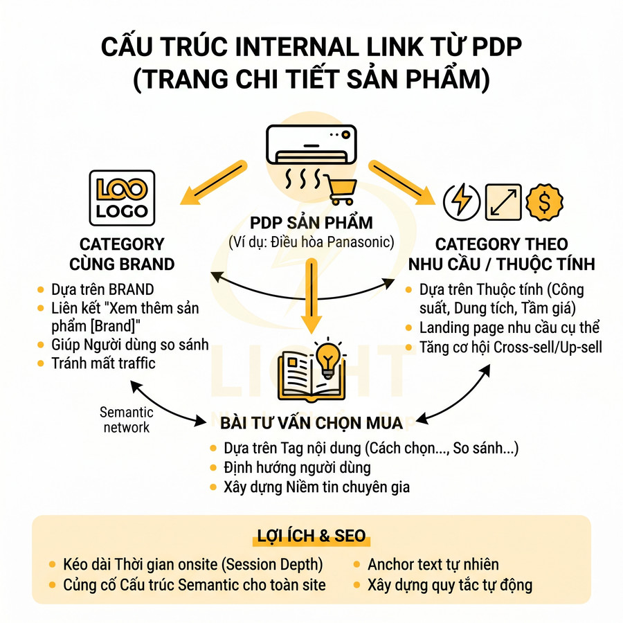 Sơ đồ cấu trúc internal link từ trang chi tiết sản phẩm PDP tối ưu SEO cho website thương mại điện tử