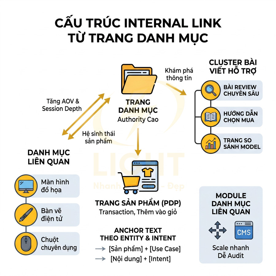 Sơ đồ cấu trúc internal link từ trang danh mục đến trang sản phẩm và bài viết hỗ trợ trong SEO website