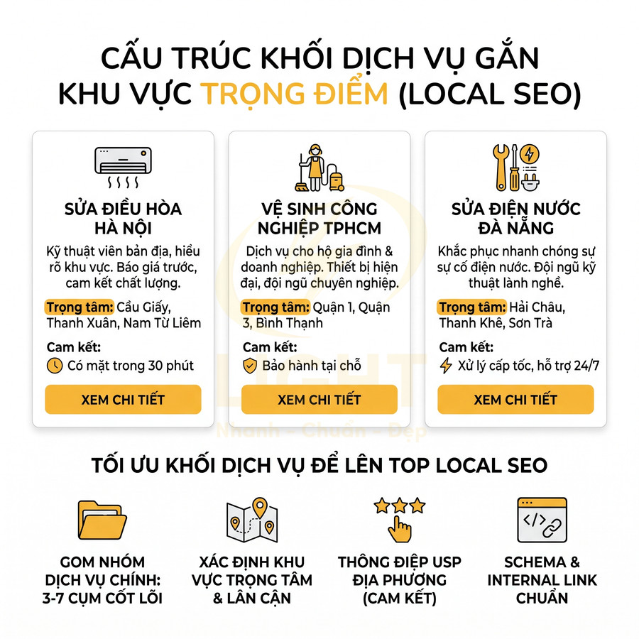 Mẫu cấu trúc khối dịch vụ local SEO cho sửa điều hòa Hà Nội, vệ sinh công nghiệp TPHCM, sửa điện nước Đà Nẵng