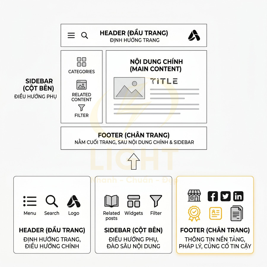 Sơ đồ bố cục website với header, sidebar, nội dung chính và footer kèm chú thích chức năng từng khu vực