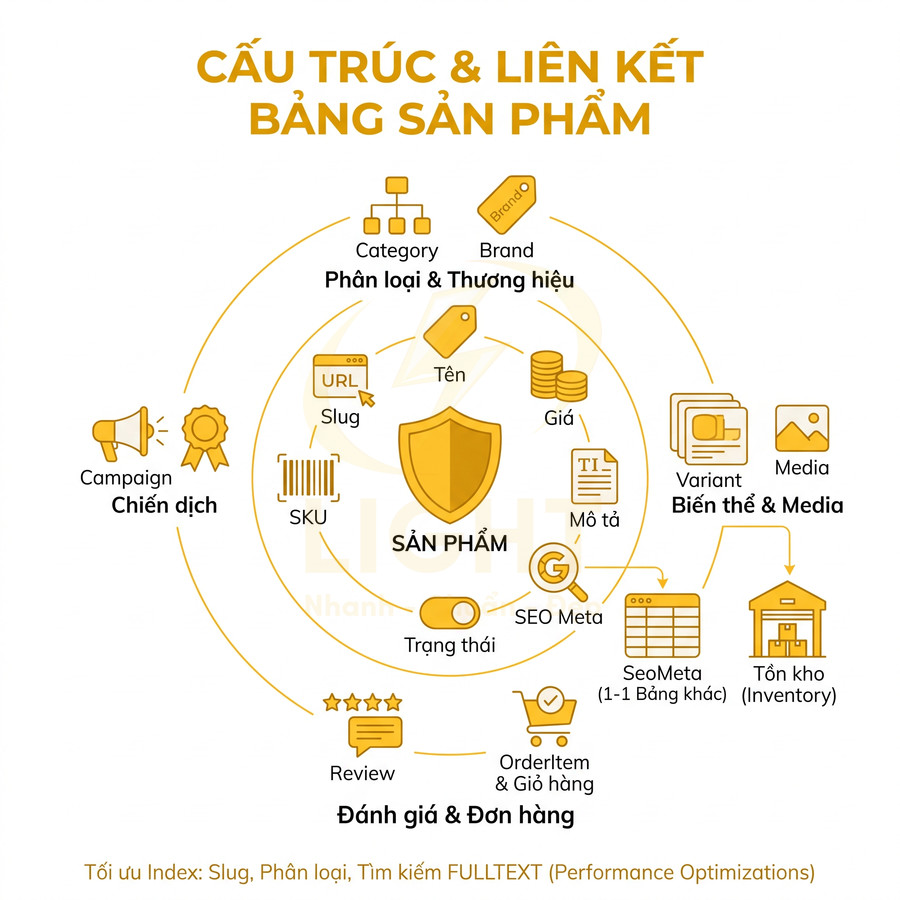 Sơ đồ cấu trúc và liên kết dữ liệu sản phẩm trong hệ thống quản lý bán hàng trực tuyến