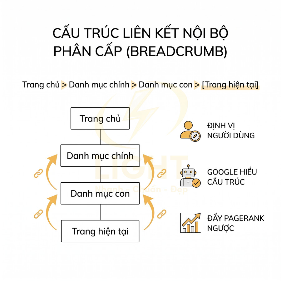 Sơ đồ cấu trúc liên kết nội bộ breadcrumb từ trang chủ đến trang hiện tại và lợi ích cho SEO