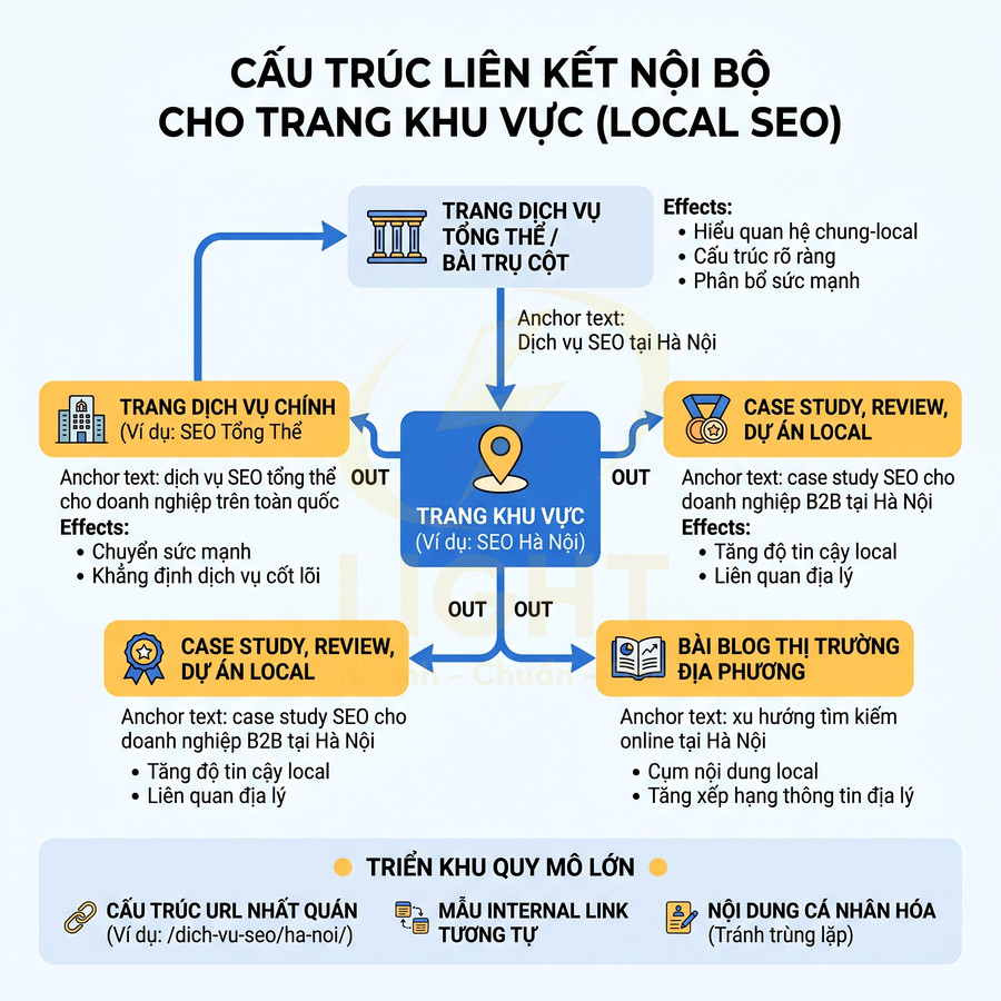 Sơ đồ cấu trúc liên kết nội bộ cho trang khu vực local SEO với các loại trang và hướng liên kết