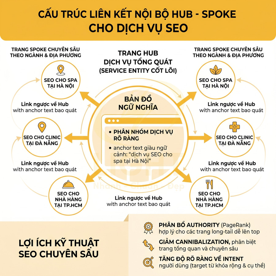 Sơ đồ cấu trúc liên kết nội bộ hub spoke cho dịch vụ SEO với các trang spoke ngành và địa phương