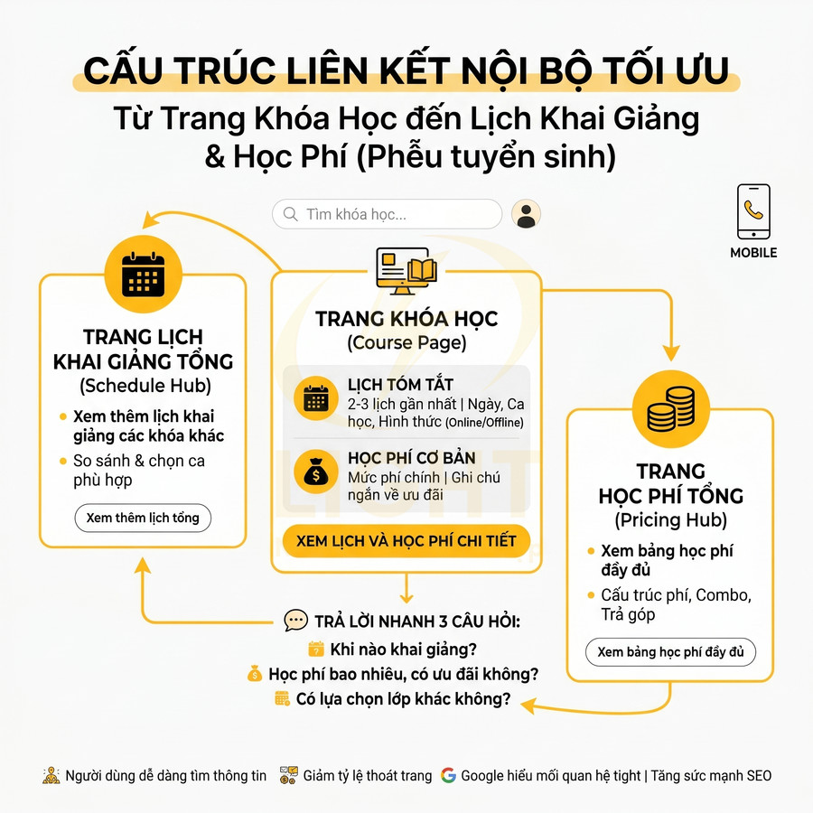 Cấu trúc liên kết nội bộ tối ưu từ trang khóa học đến lịch khai giảng và học phí cho website giáo dục