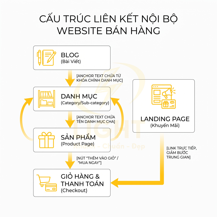 Sơ đồ cấu trúc liên kết nội bộ website bán hàng từ blog, danh mục, sản phẩm đến giỏ hàng và landing page khuyến mãi