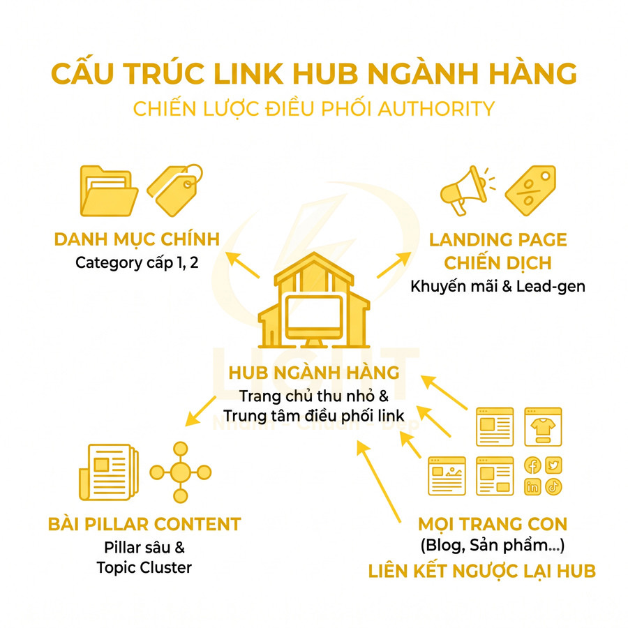 Sơ đồ cấu trúc link hub ngành hàng với hub trung tâm, danh mục chính, landing page, bài pillar và các trang con liên kết