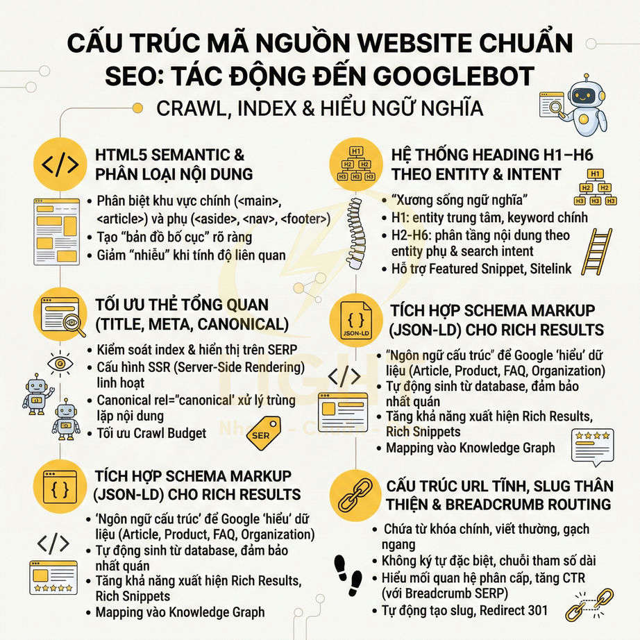 Infographic cấu trúc mã nguồn website chuẩn SEO và các yếu tố ảnh hưởng đến Googlebot crawl index