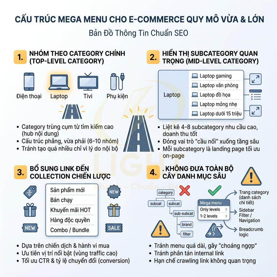Cấu trúc mega menu cho website e commerce quy mô vừa và lớn tối ưu SEO với ví dụ danh mục laptop