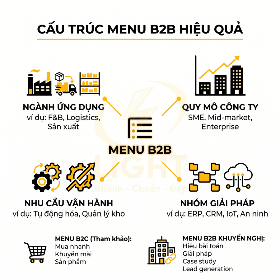 Infographic cấu trúc menu B2B hiệu quả với ngành ứng dụng, quy mô công ty, nhu cầu vận hành và nhóm giải pháp