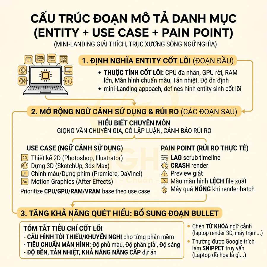 Infographic cấu trúc đoạn mô tả danh mục sản phẩm laptop theo entity use case pain point