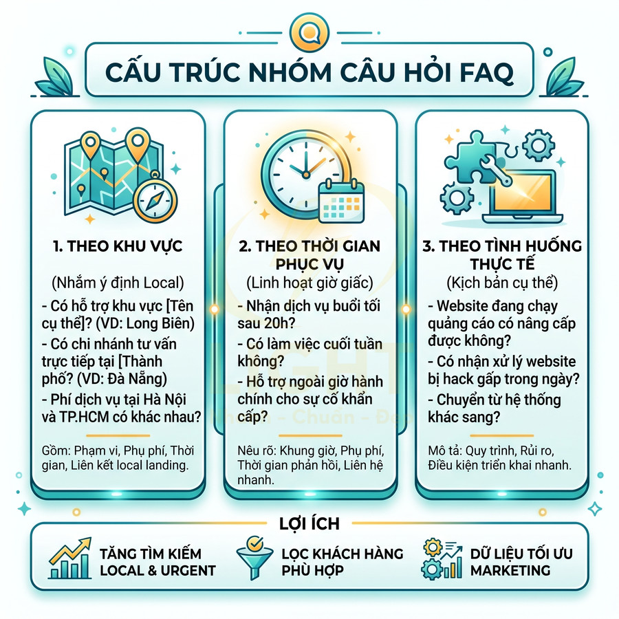 Cấu trúc nhóm câu hỏi FAQ theo khu vực thời gian phục vụ và tình huống thực tế kèm lợi ích marketing