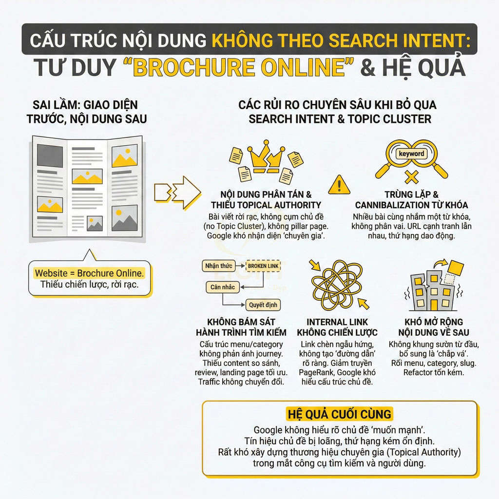 Infographic về sai lầm cấu trúc nội dung website kiểu brochure online và hệ quả với SEO, search intent
