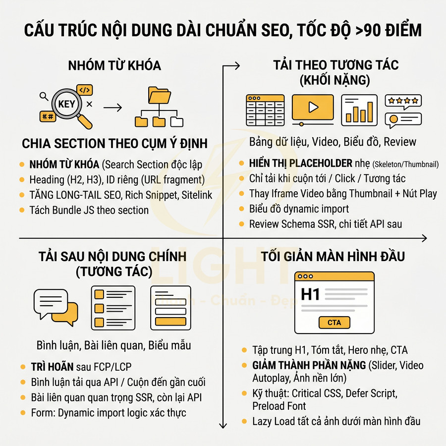 Cấu trúc nội dung dài chuẩn SEO với nhóm từ khóa, tải theo tương tác, tối ưu màn hình đầu và tải sau nội dung chính
