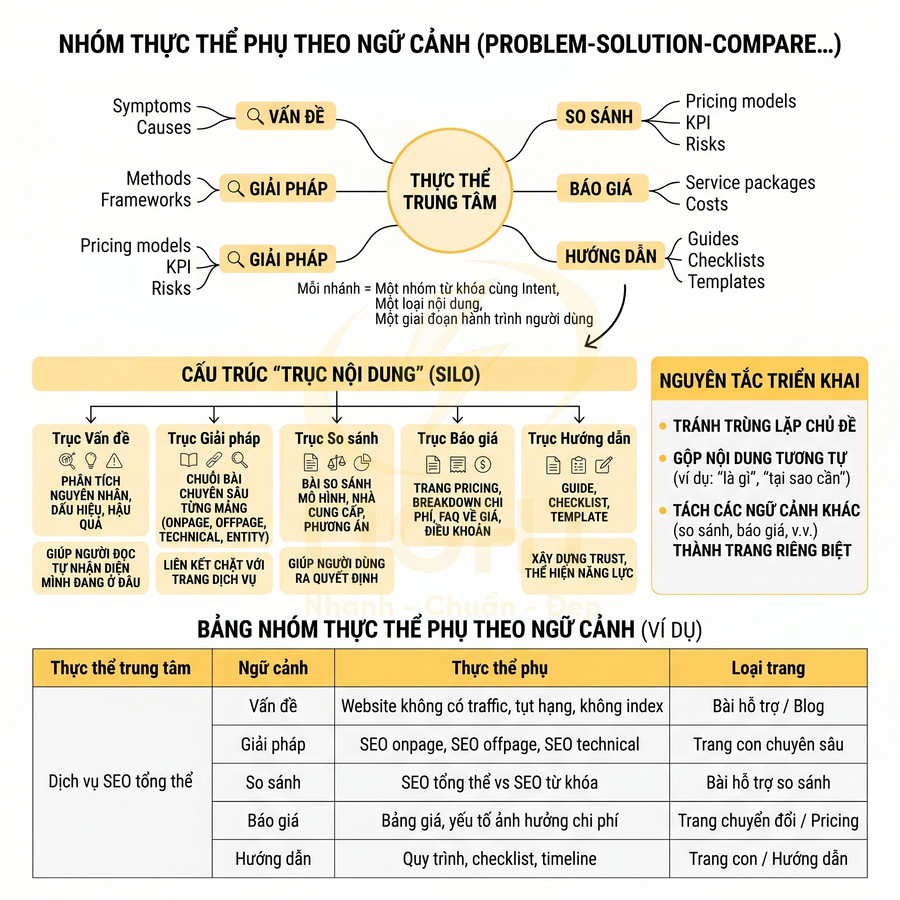 Sơ đồ nhóm thực thể phụ theo ngữ cảnh và cấu trúc trục nội dung silo cho chiến lược SEO tổng thể