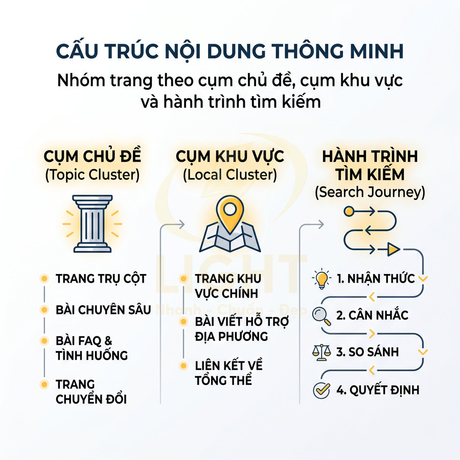 Mô hình cấu trúc nội dung thông minh với cụm chủ đề, cụm khu vực và hành trình tìm kiếm trong SEO