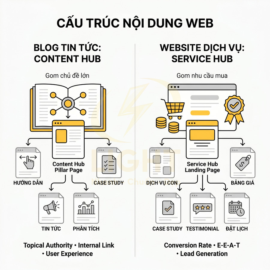 Mô hình cấu trúc nội dung web cho blog content hub và website dịch vụ service hub bằng sơ đồ trực quan