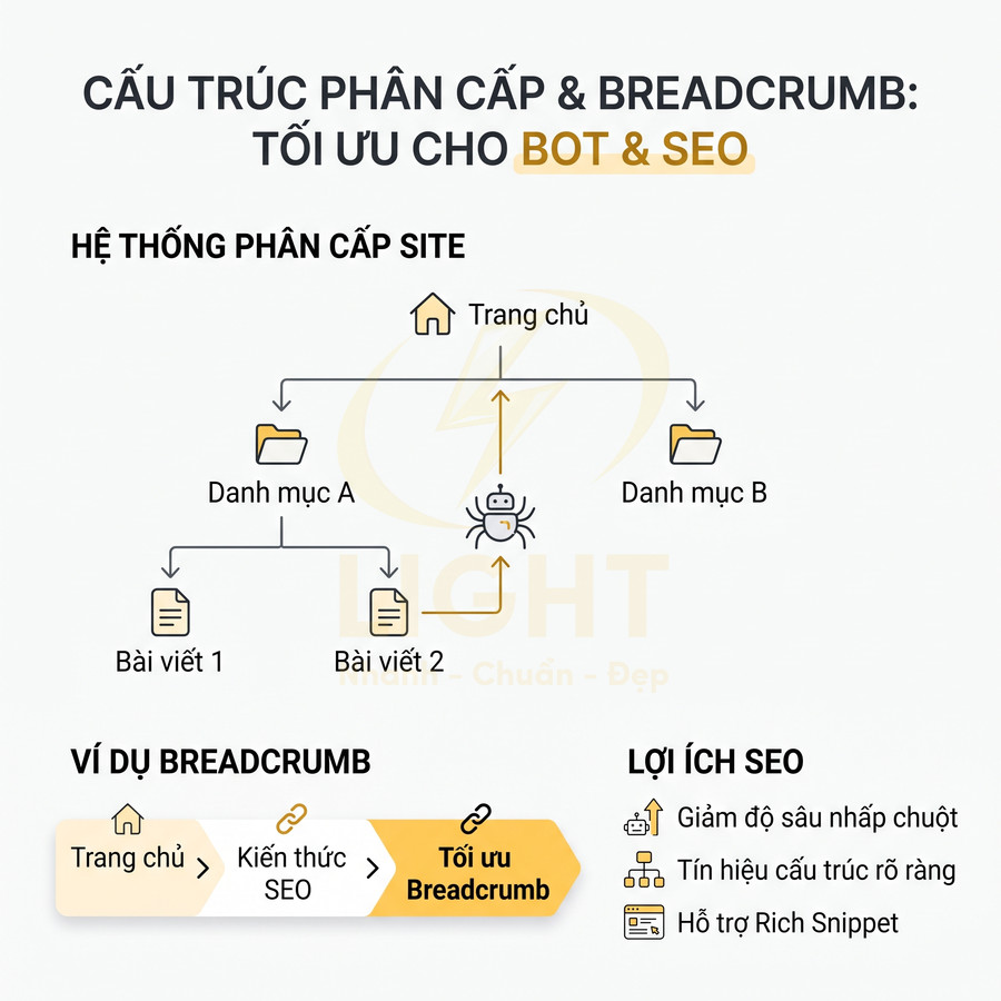 Sơ đồ cấu trúc phân cấp website và breadcrumb tối ưu cho bot và SEO với ví dụ đường dẫn trang chủ