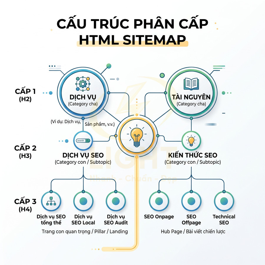 Sơ đồ cấu trúc phân cấp HTML sitemap cho dịch vụ SEO và kiến thức SEO theo các cấp heading
