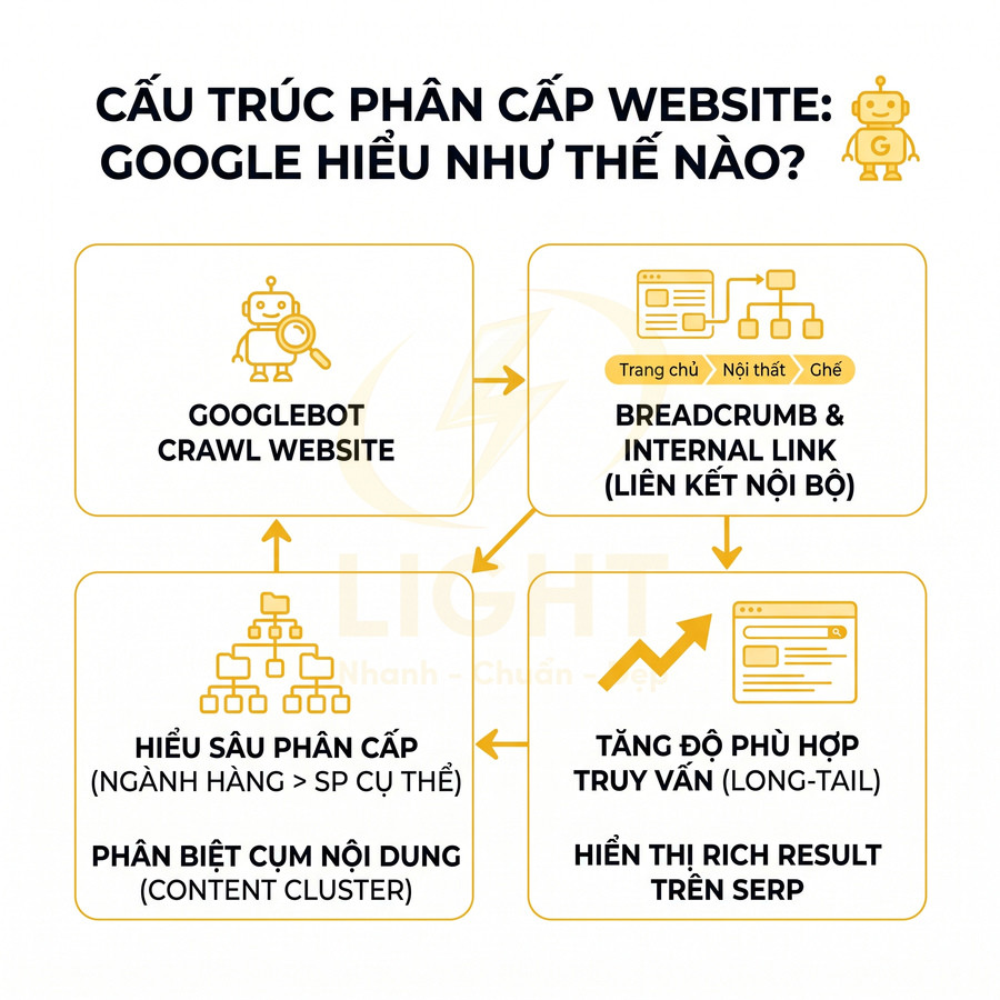 Sơ đồ cấu trúc phân cấp website giải thích cách Googlebot crawl, breadcrumb, internal link và content cluster hỗ trợ SEO