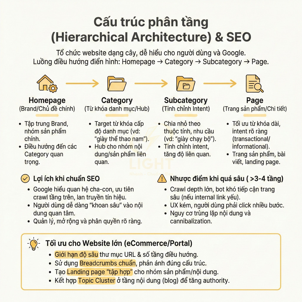 Sơ đồ cấu trúc phân tầng website chuẩn SEO từ Homepage đến Category, Subcategory và Page kèm lợi ích và nhược điểm