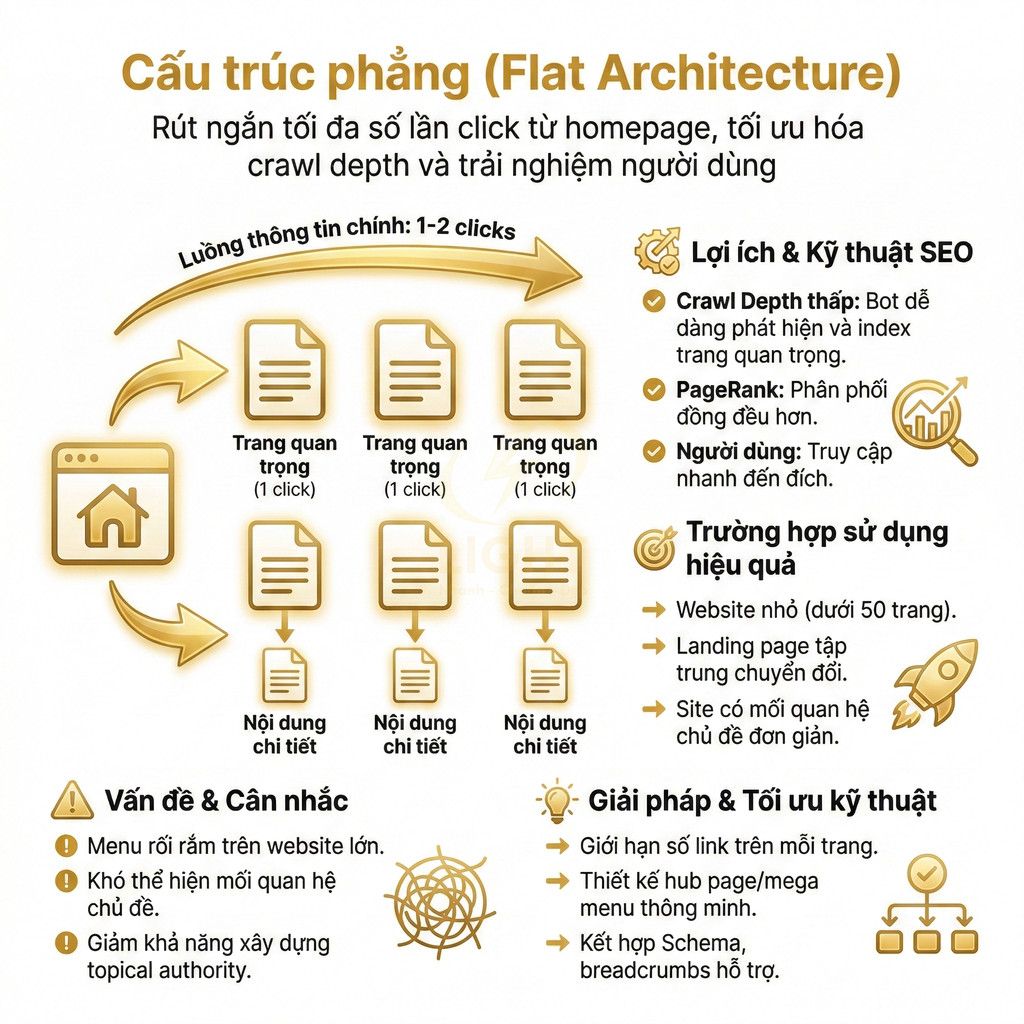 Infographic cấu trúc phẳng Flat Architecture tối ưu crawl depth và trải nghiệm người dùng cho SEO website