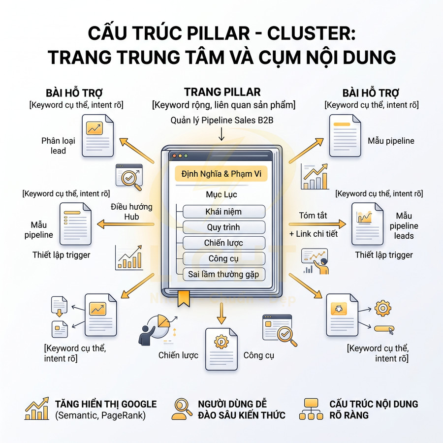 Mô hình cấu trúc nội dung pillar cluster cho trang trung tâm và bài viết hỗ trợ trong marketing SEO