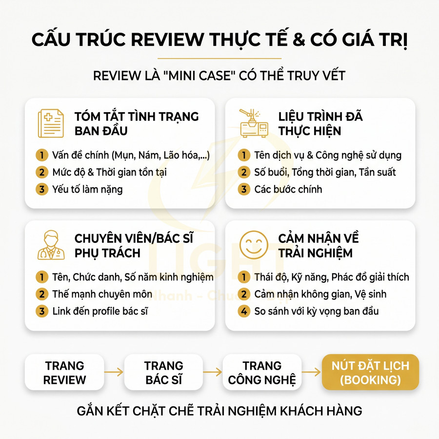Cấu trúc review dịch vụ thẩm mỹ chi tiết từ tình trạng ban đầu đến cảm nhận trải nghiệm và đặt lịch booking