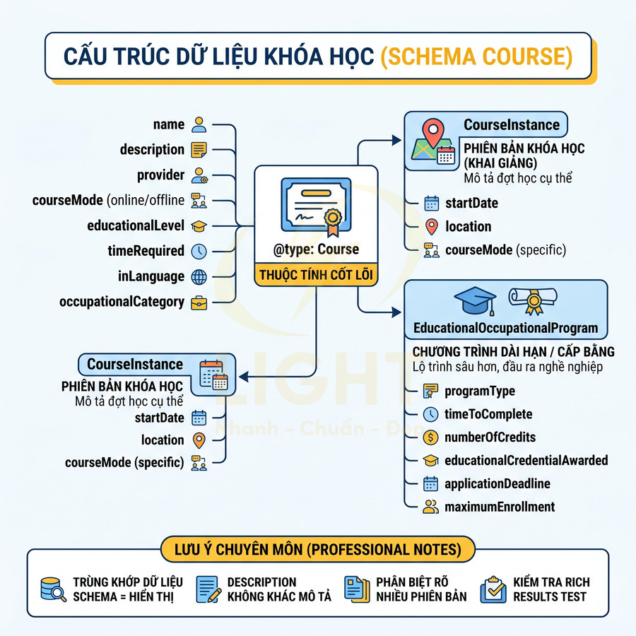 Sơ đồ cấu trúc dữ liệu khóa học schema Course với thuộc tính CourseInstance và EducationalOccupationalProgram