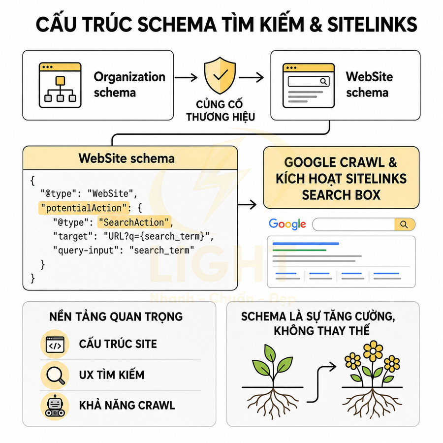 Minh họa cấu trúc schema tìm kiếm và sitelinks giúp Google crawl và kích hoạt hộp tìm kiếm trên website