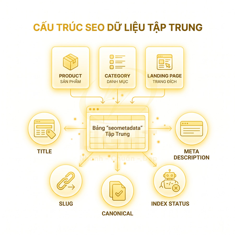 Cấu trúc SEO dữ liệu tập trung với bảng seometadata liên kết product category landing page title slug canonical meta description index status