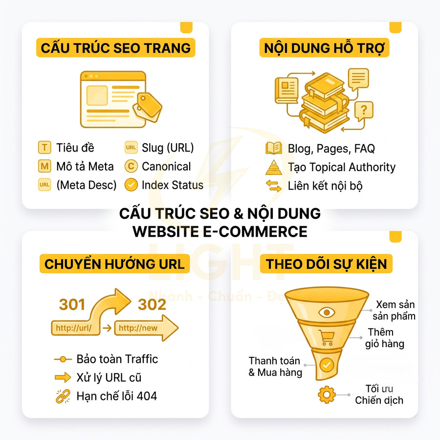 Cấu trúc SEO và nội dung website e commerce với tối ưu onpage, chuyển hướng URL và theo dõi sự kiện chuyển đổi