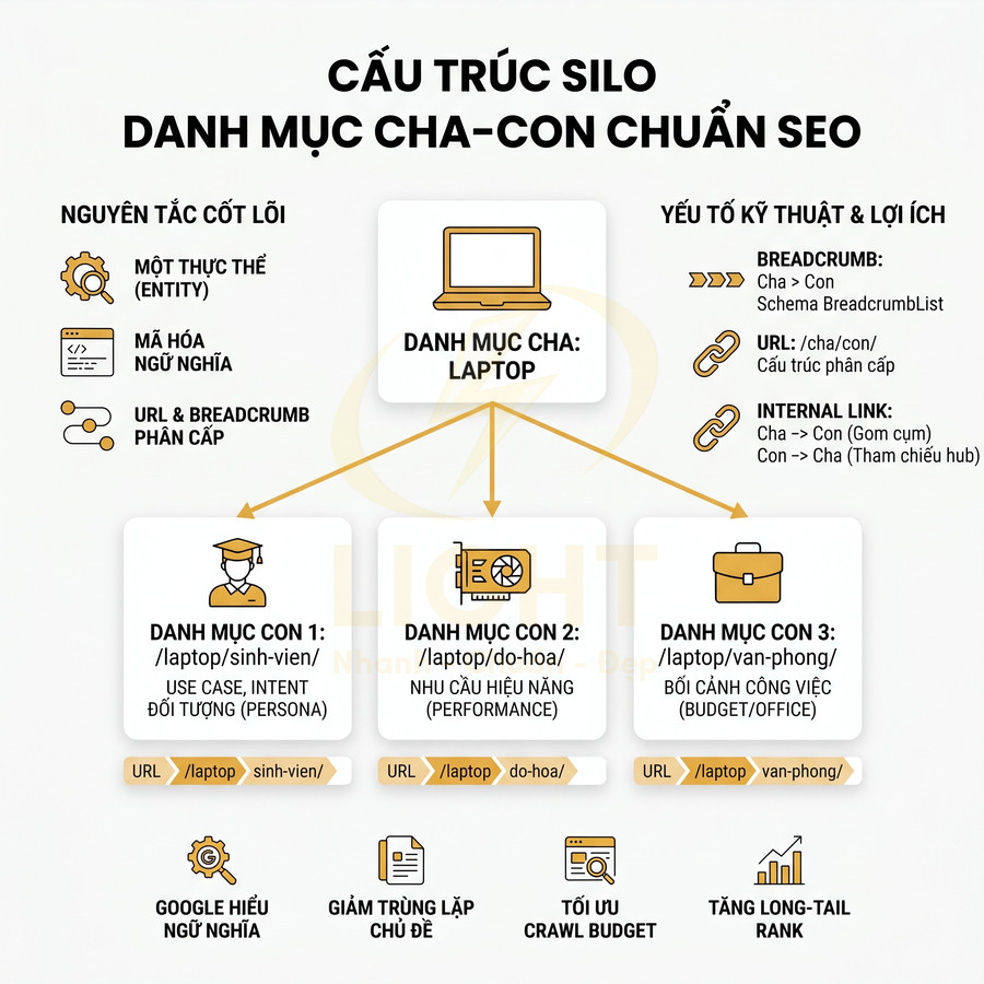 Cấu trúc silo danh mục cha con chuẩn SEO cho website bán laptop và các nhóm danh mục con