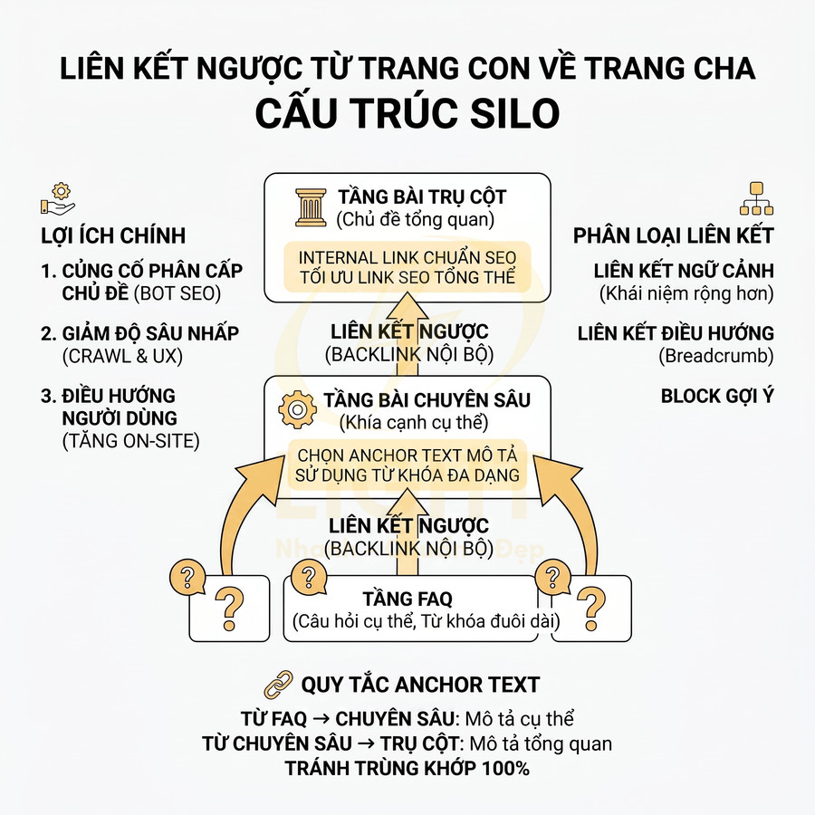 Sơ đồ cấu trúc silo SEO với liên kết ngược từ trang con về trang cha và quy tắc chọn anchor text