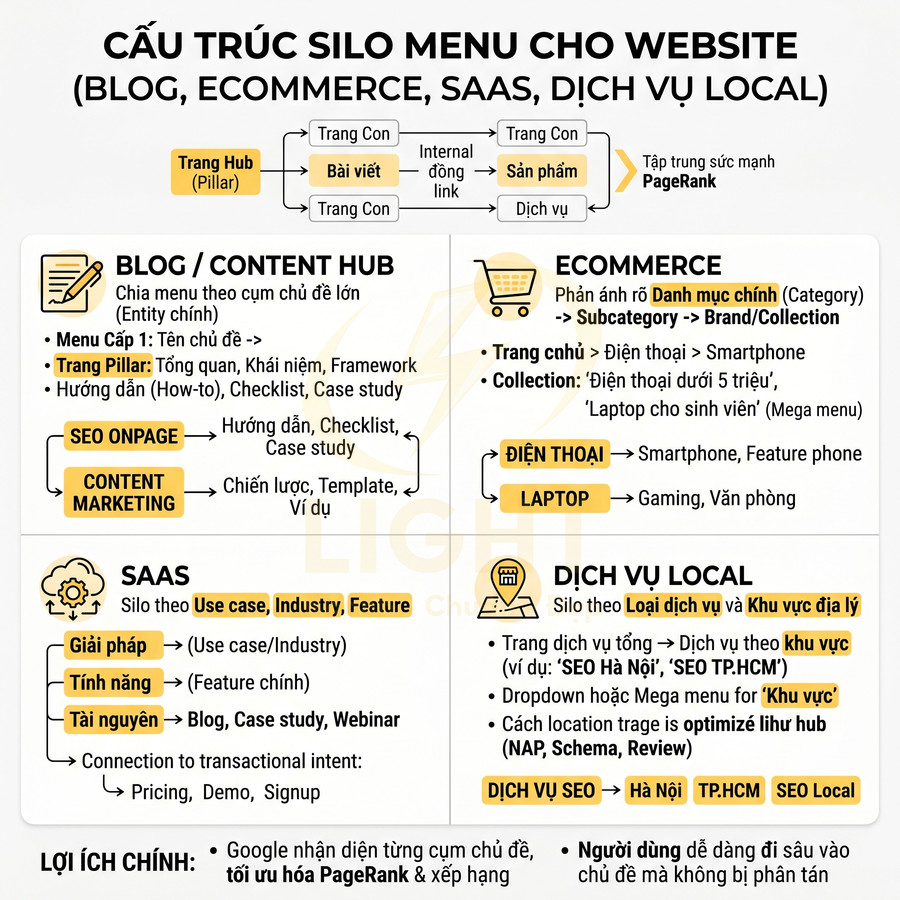 Sơ đồ cấu trúc silo menu website cho blog, ecommerce, SaaS và dịch vụ local tối ưu SEO
