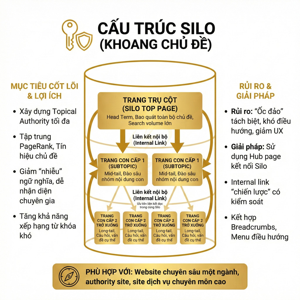 Mô hình cấu trúc silo SEO cho website, minh họa trang trụ cột, trang con và liên kết nội bộ