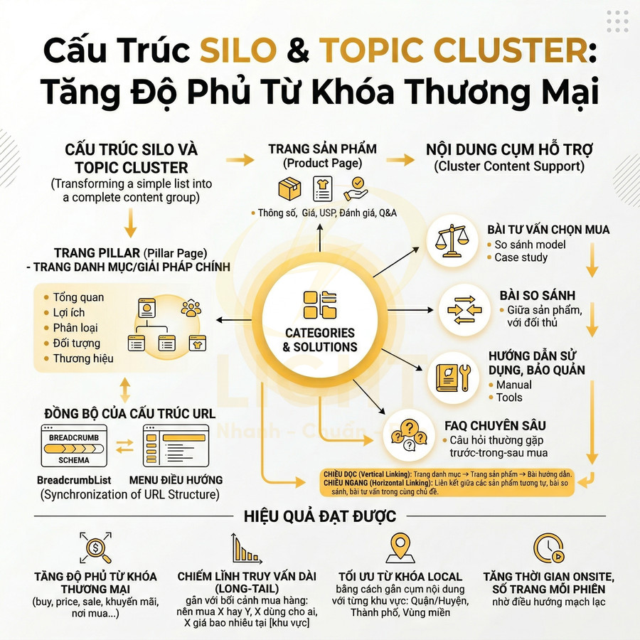 Mô hình cấu trúc silo và topic cluster tối ưu SEO cho trang danh mục, sản phẩm và nội dung hỗ trợ