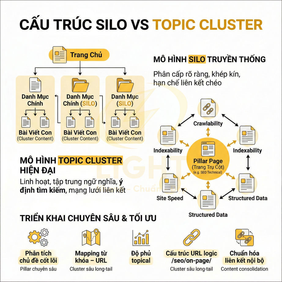 So sánh cấu trúc SEO silo và topic cluster với sơ đồ trang chủ, danh mục, pillar page và các bước tối ưu nội dung