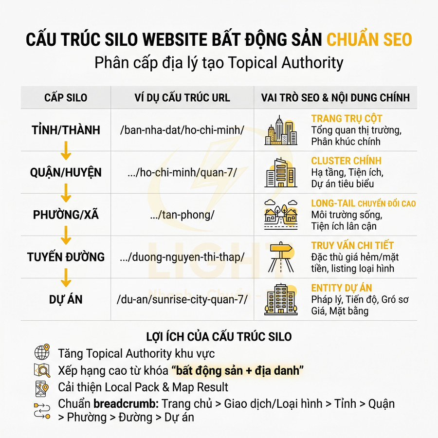 Cấu trúc silo website bất động sản chuẩn SEO theo phân cấp địa lý và lợi ích tối ưu thứ hạng tìm kiếm