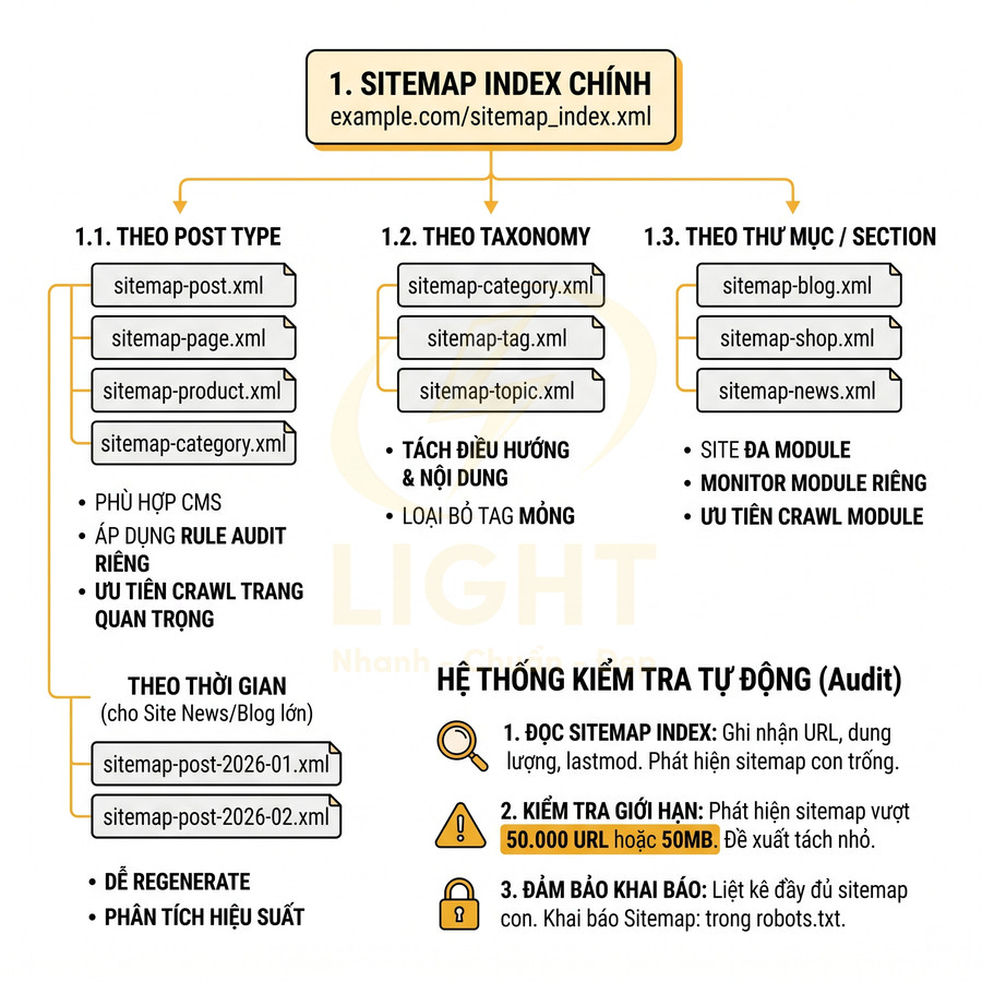 Sơ đồ cấu trúc sitemap index và hệ thống kiểm tra tự động audit cho website SEO
