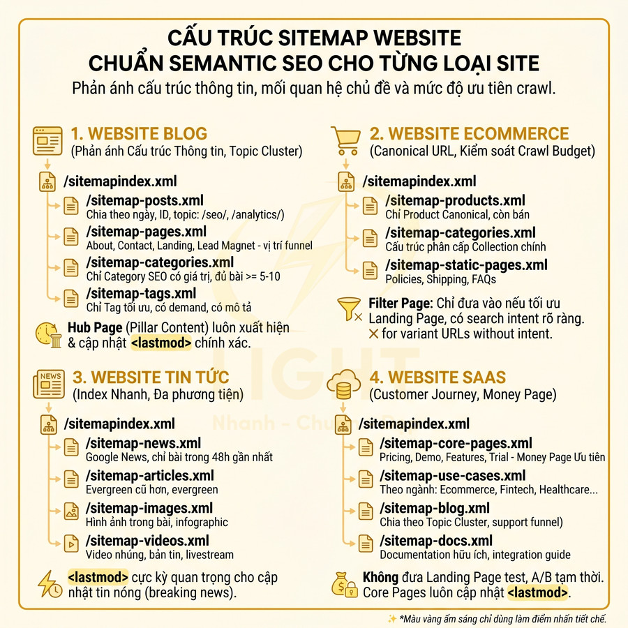 Infographic cấu trúc sitemap website chuẩn Semantic SEO cho blog, ecommerce, tin tức và SaaS