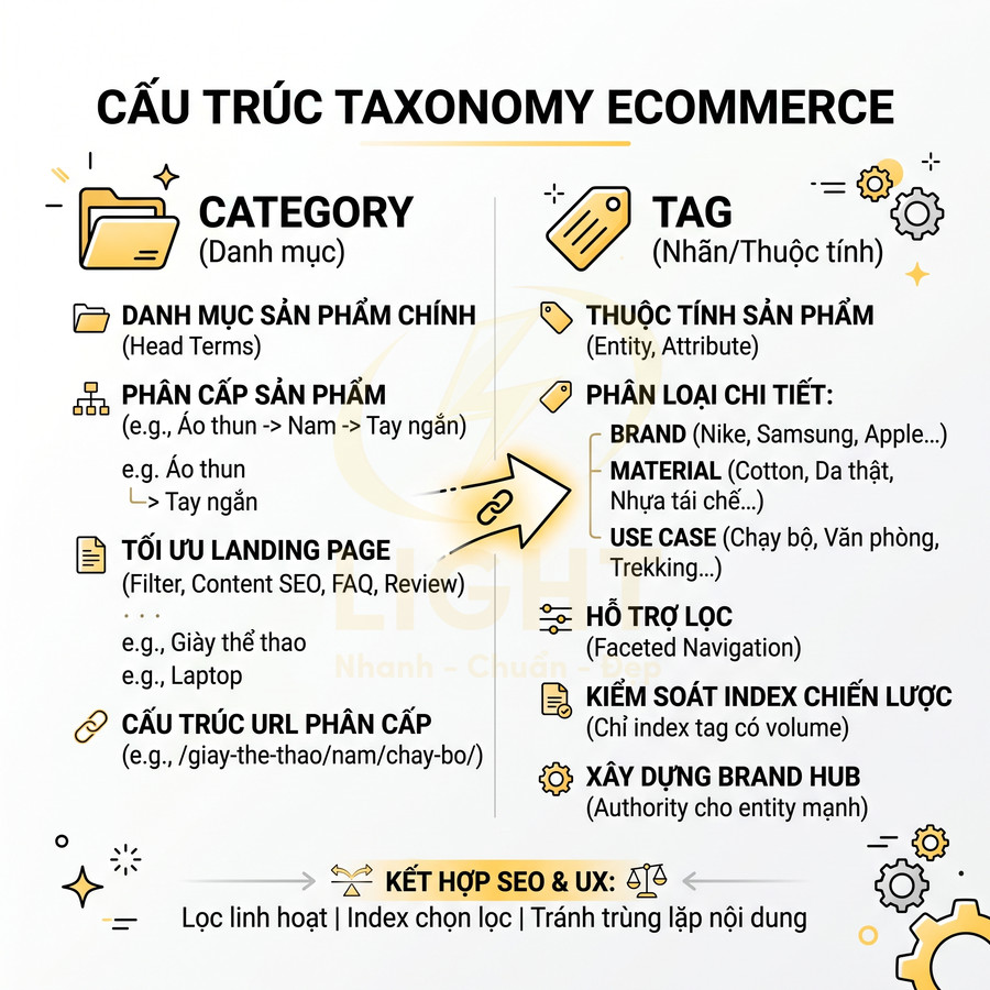 Cấu trúc taxonomy ecommerce với category và tag, hướng dẫn tối ưu danh mục, thuộc tính sản phẩm và SEO UX