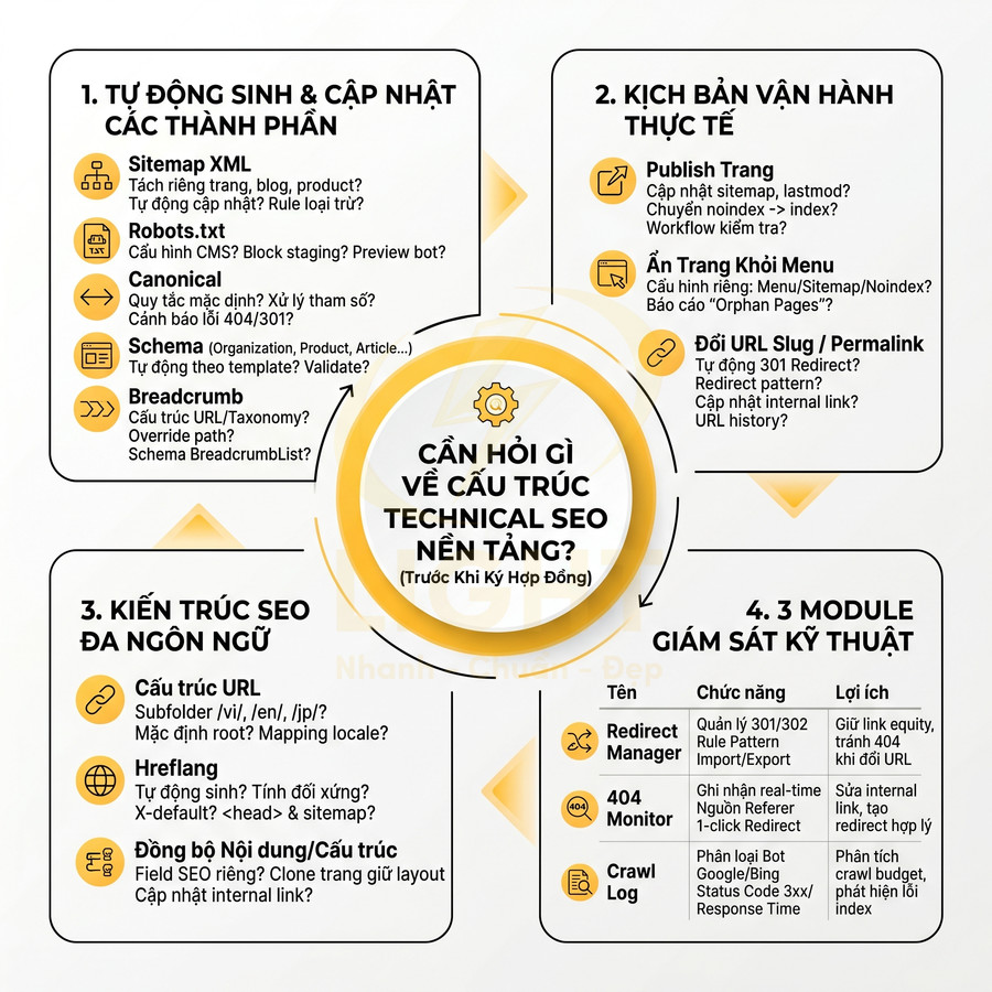 Sơ đồ các câu hỏi quan trọng về cấu trúc technical SEO nền tảng trước khi ký hợp đồng