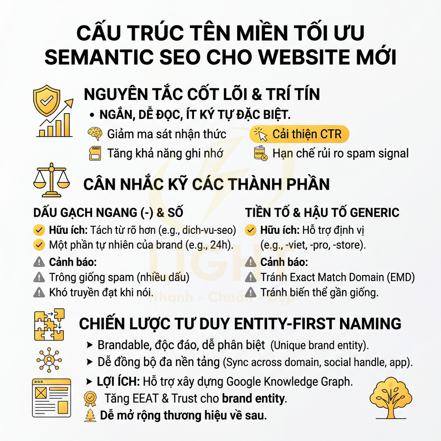 Hướng dẫn cấu trúc tên miền tối ưu semantic SEO cho website mới với nguyên tắc, lưu ý và chiến lược đặt brand name
