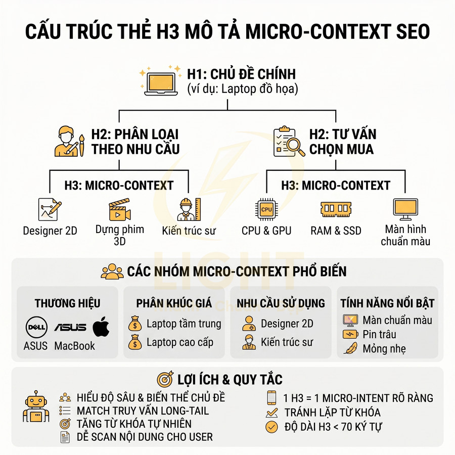 Cấu trúc thẻ H3 mô tả micro context SEO cho bài viết laptop đồ họa và các nhóm micro context phổ biến