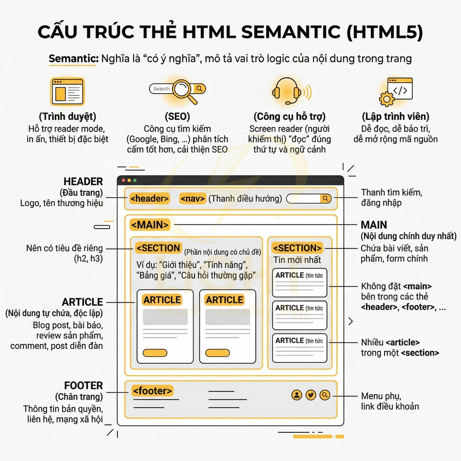 Sơ đồ cấu trúc thẻ HTML5 semantic với header, nav, main, section, article và footer cho thiết kế website chuẩn SEO