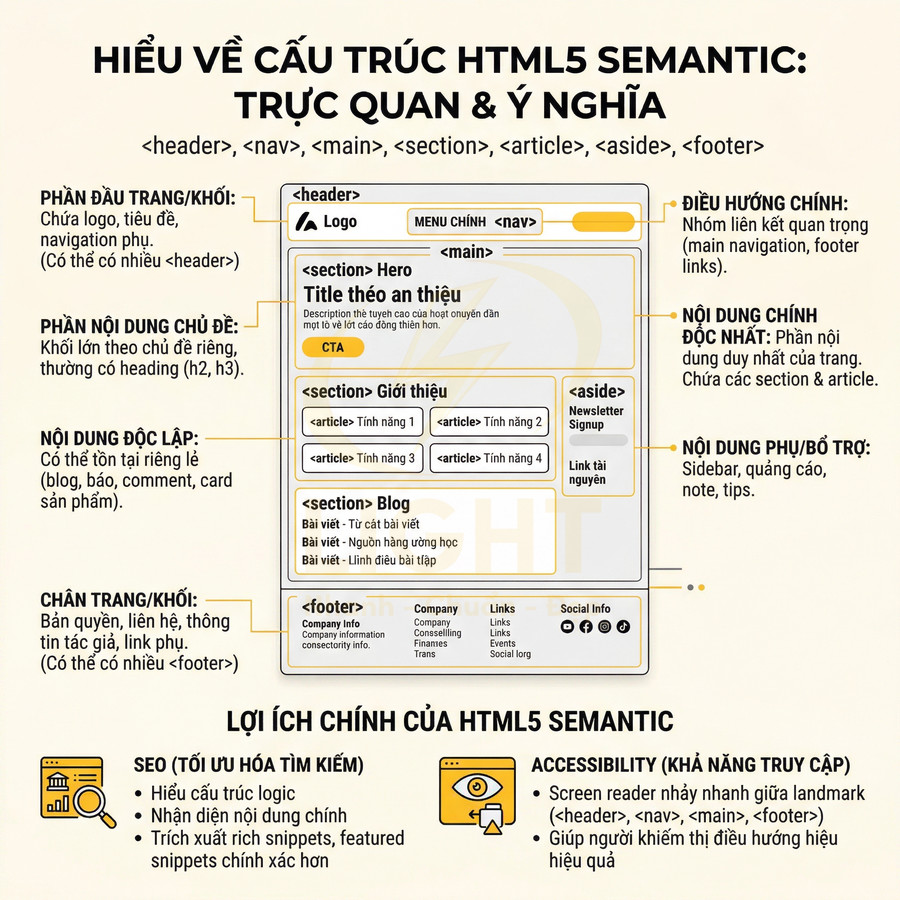 Infographic cấu trúc thẻ HTML5 semantic với ví dụ header nav main section article aside footer và lợi ích SEO