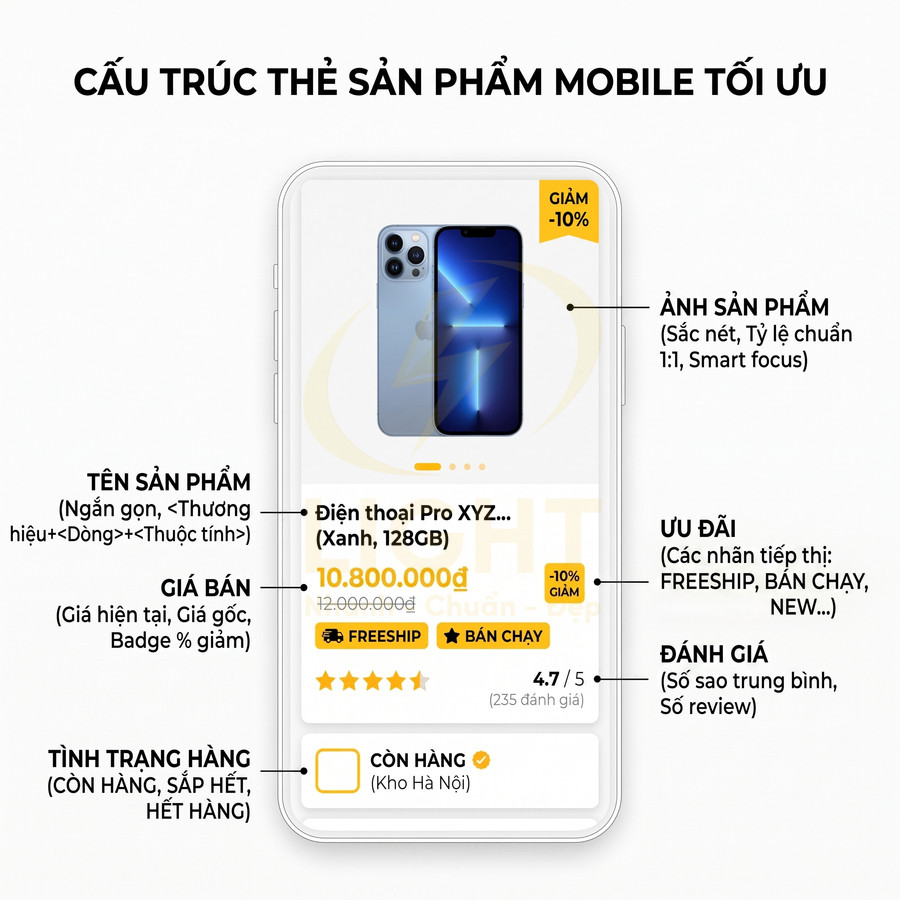 Cấu trúc thẻ sản phẩm mobile tối ưu cho điện thoại thông minh với giá bán, ưu đãi, đánh giá và tình trạng còn hàng